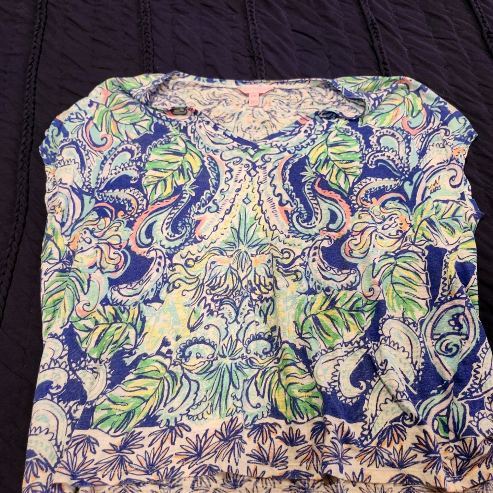 Lilly Pulitzer Blue and Green Paisley Short Sleeve Top